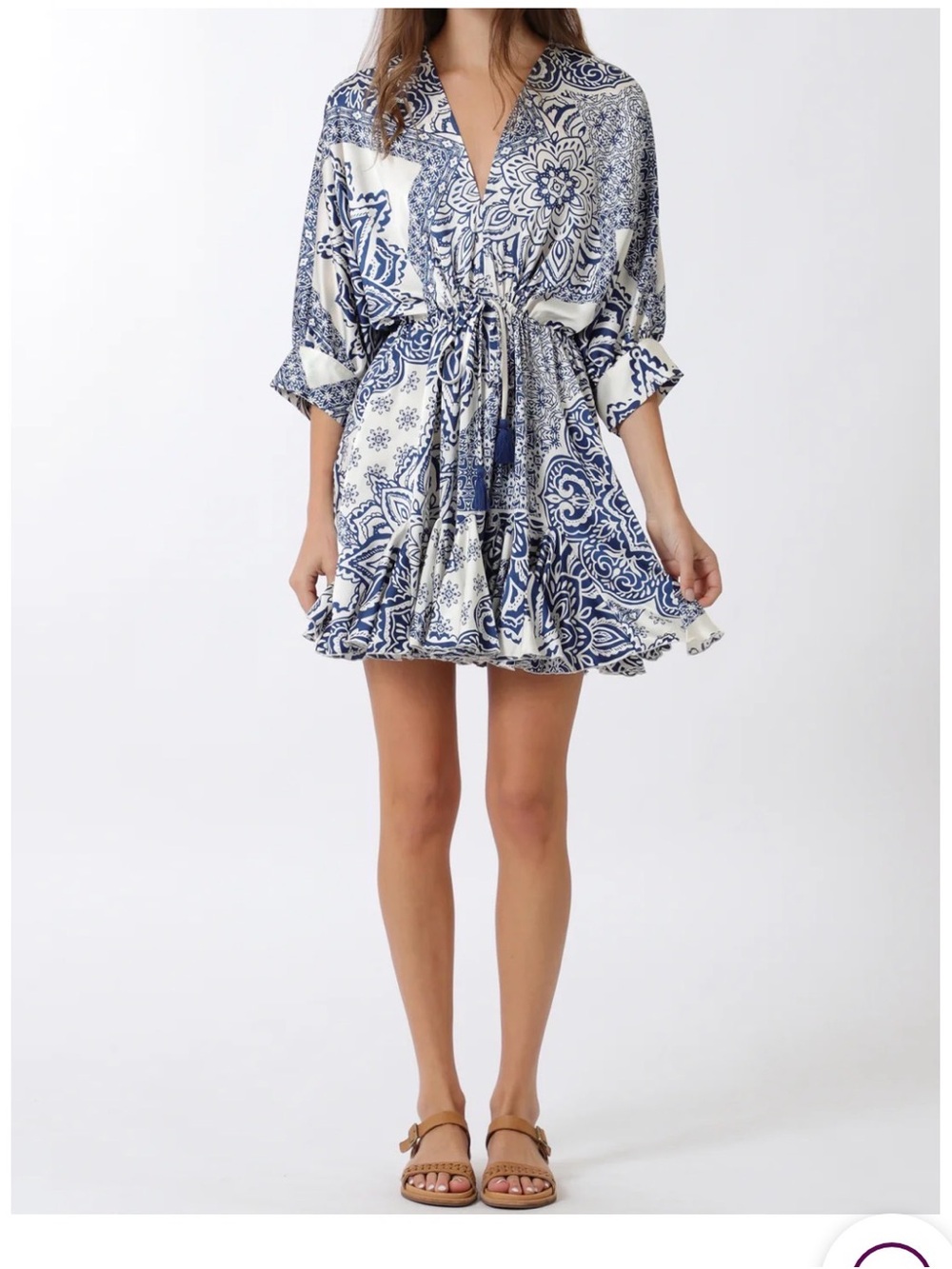 NWT Aakaa Navy Dolman Shortie 3/4 Sleeve Tie-Waist Mini Dress Large DA32880H